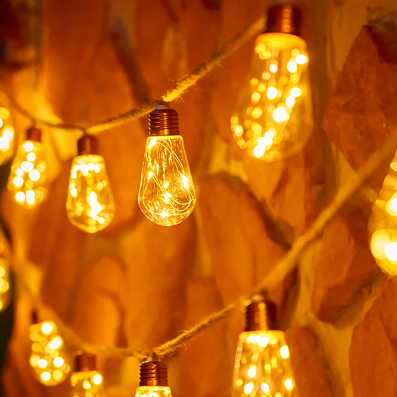 Outdoor Waterproof Warm White Full Star Copper Wire String Lights Solar Powered Patio Restaurant Bar Hemp Rope Elegant Style