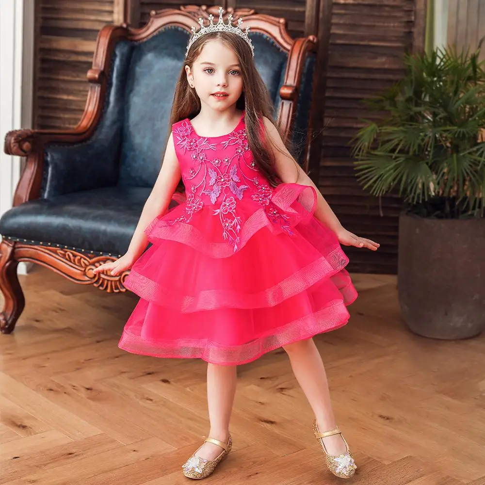 Girls embroidered princess dress bow dress mesh multi-layer pettiskirt