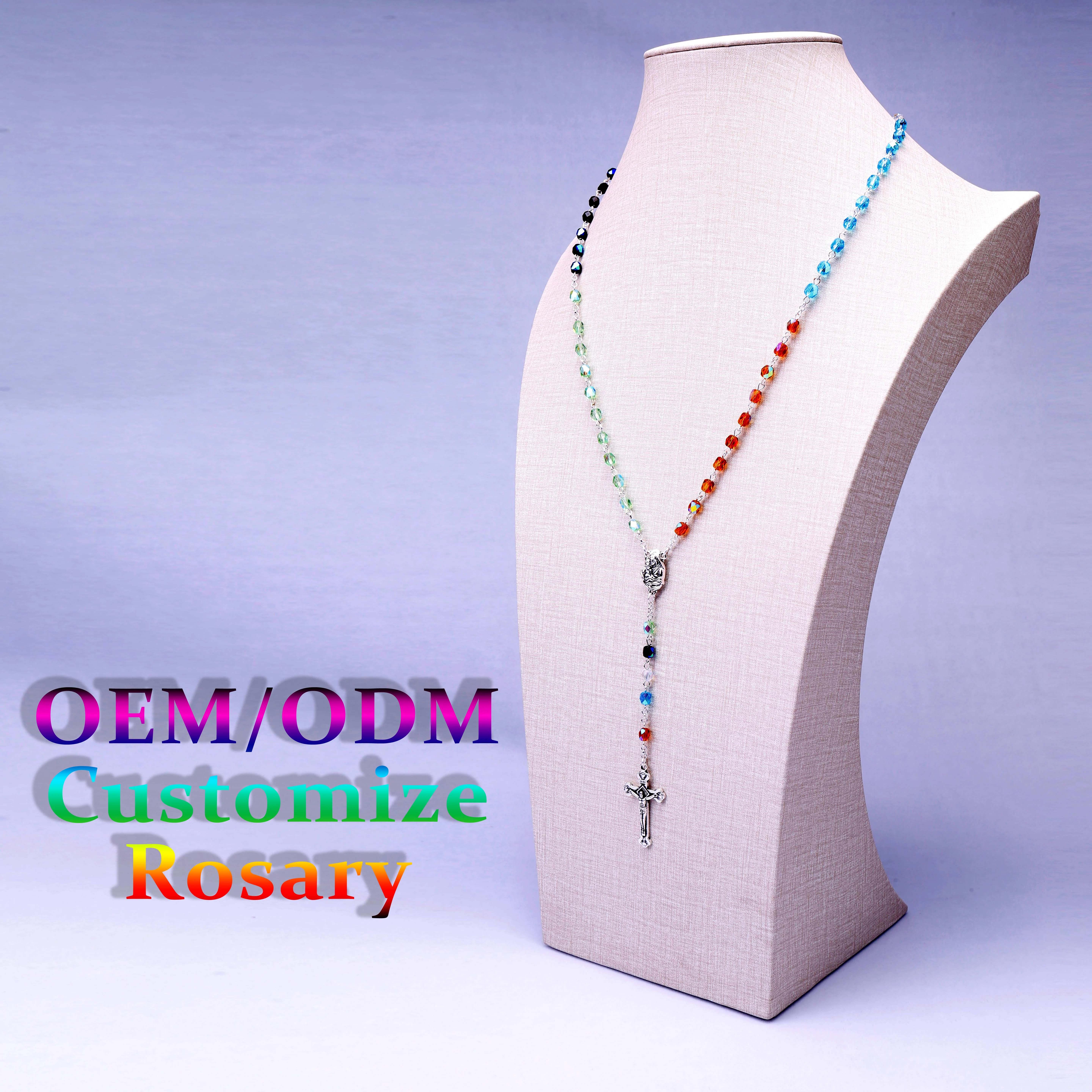 Factory Price Rosary Necklace Jesus Christ Cross Pendant Crystal Necklaces Fashion multi color Jewelry Rosary
