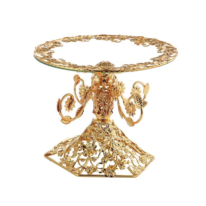 Factory hot sale product Turkish tableware metal frame gold plated round glass dessert cake stand fruit basket