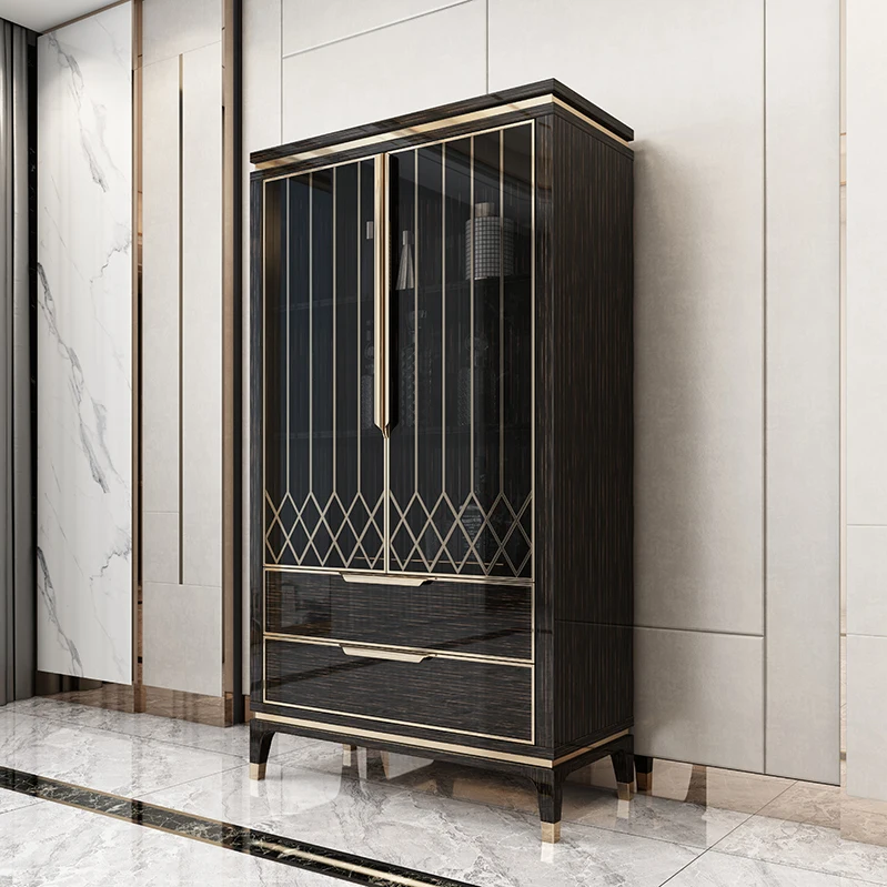 Black Italy Modern Wooden Home Wine Bar Cabinet with Glass Door Metal Wine Cabinet, Modern Luxury Bar Cabinet