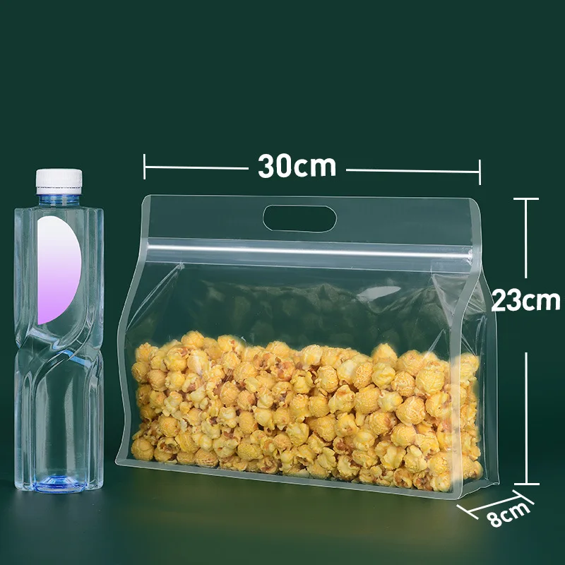 24*17+8cm/30*23+8cm Hot Selling Plastic Packaging Zip Lock Bag Food Bag Transparent Flat Bottom Stand Up Handle Bag