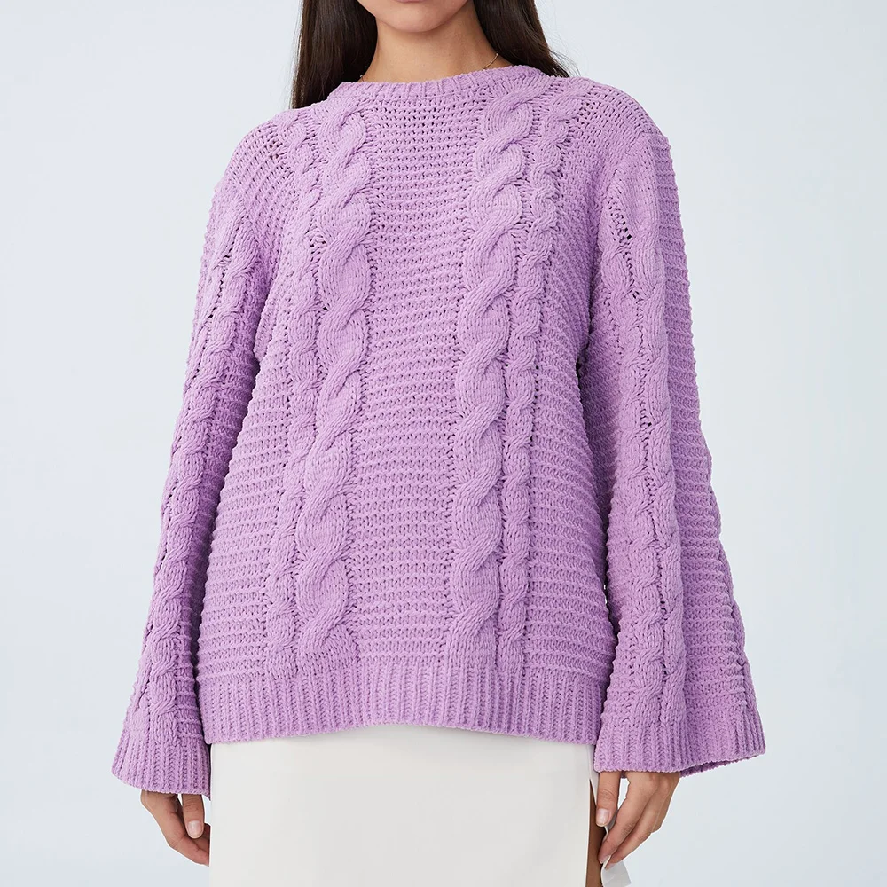 OEM manufacturer ladies fashion trumpet sleeve crew neck pullover cable knitted sweater for women