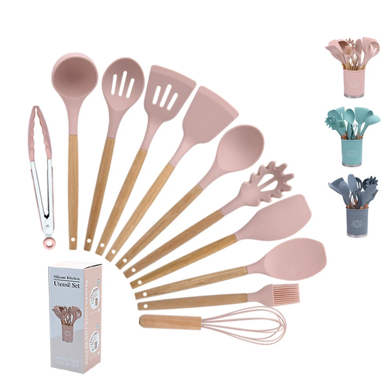 Silicone Kitchen Utensil Set Non-Stick Accessories Cooking tools 12 pcs set KITchenware With Beech wooden handle