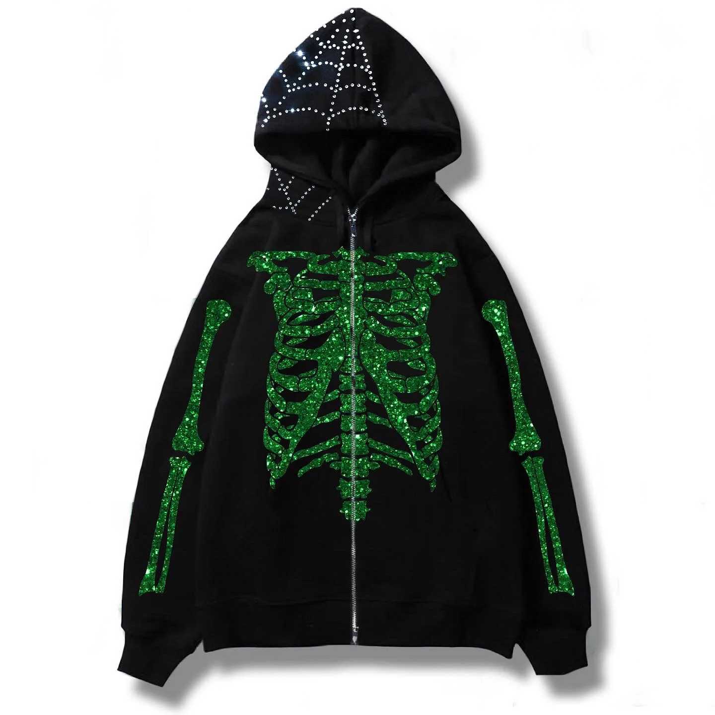 High Quality Custom Y2k Plus Size Heavy Weight Zip Up Skeleton Rhinestone Hoodies For Women and Men