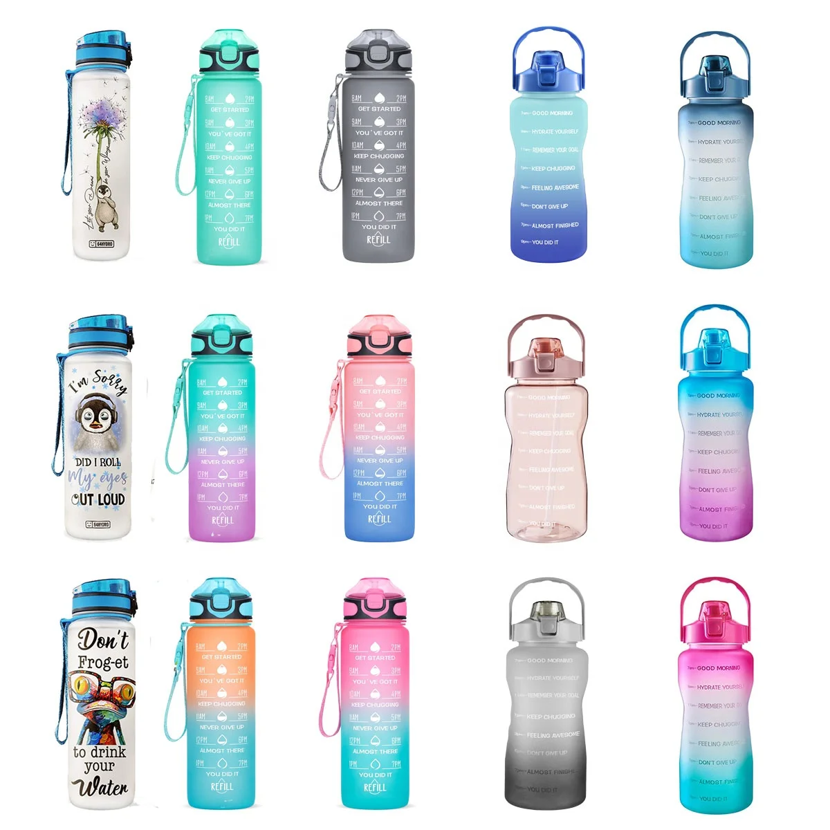Hot 3 In 1 Set Bottle Motivational Water Bottles Sports Plastic Water Bottles Wholesale With Straw for students, adults
