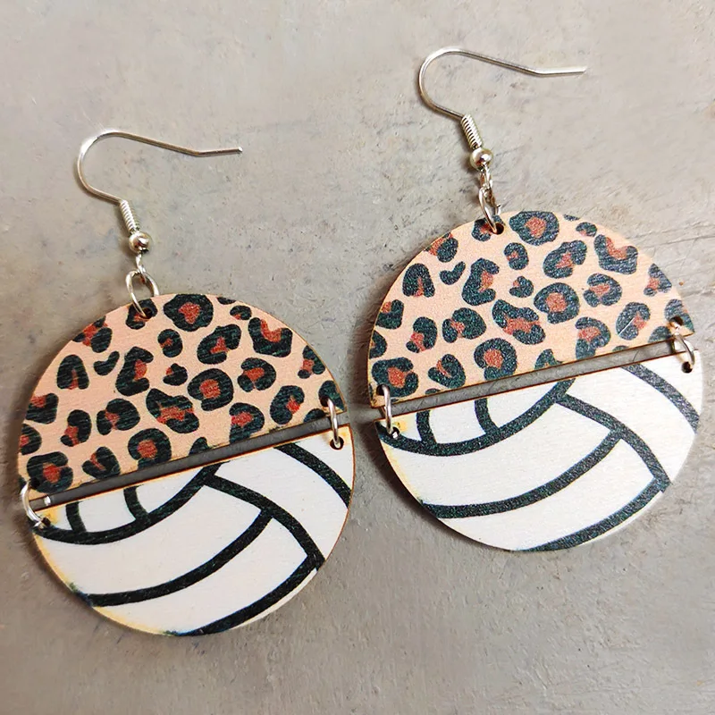 Hot Sports Leopard Print Earrings Double Half Round Baseball Football Basketball Volleyball Pendant Earrings Jewelry