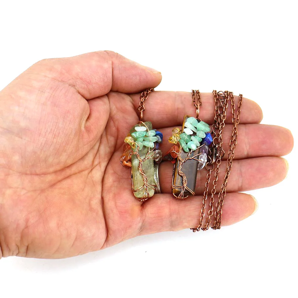 CELION Natural Chakra Tree of Life Wire Wrapped Clear Quartz Healing Crystal Column Six Prisms Gemstone Necklaces