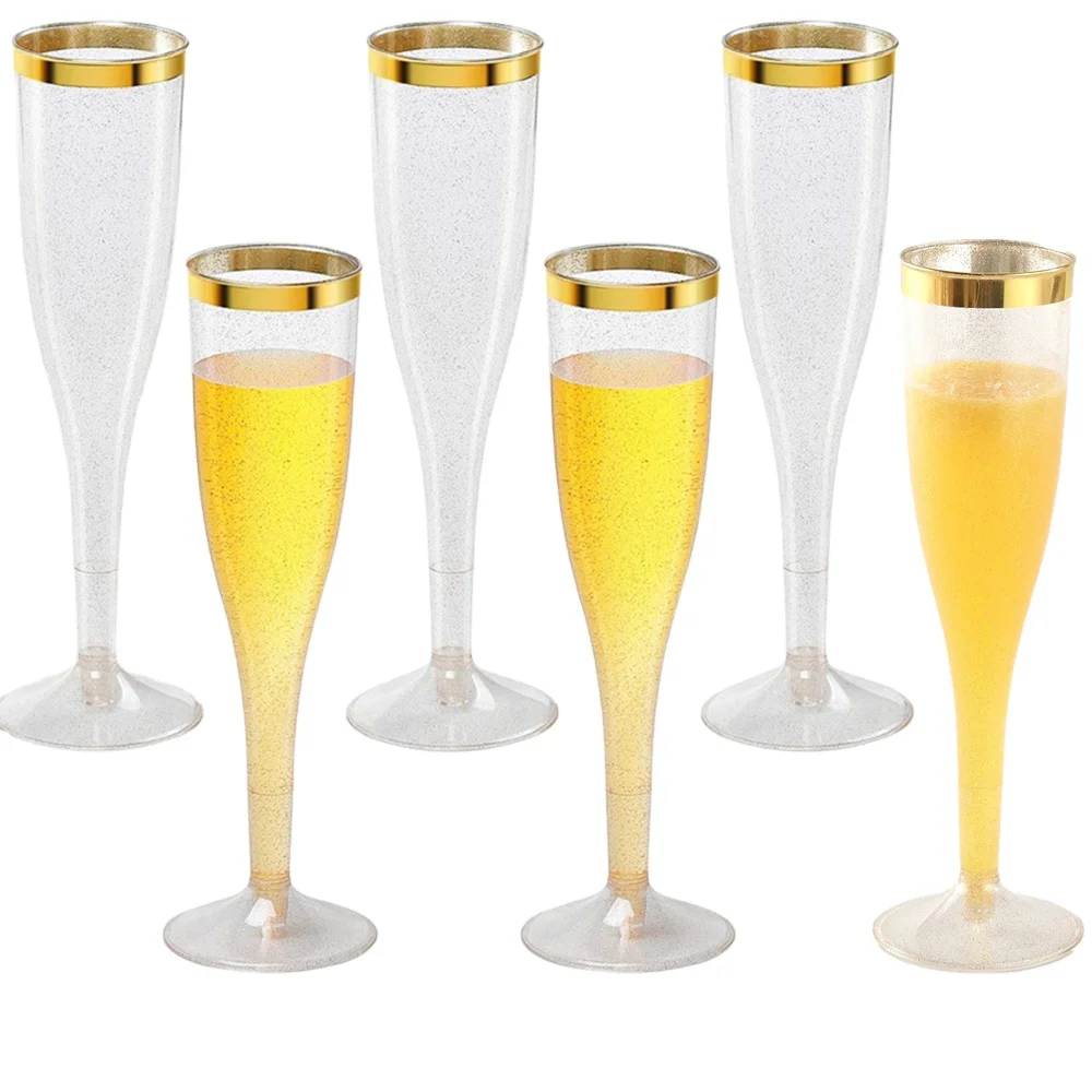 
Plastic Champagne Flutes Disposable, Gold Glitter with a Gold Rim, Premium Toasting Glass, Elegant Stylish Mimosa, 5oz 