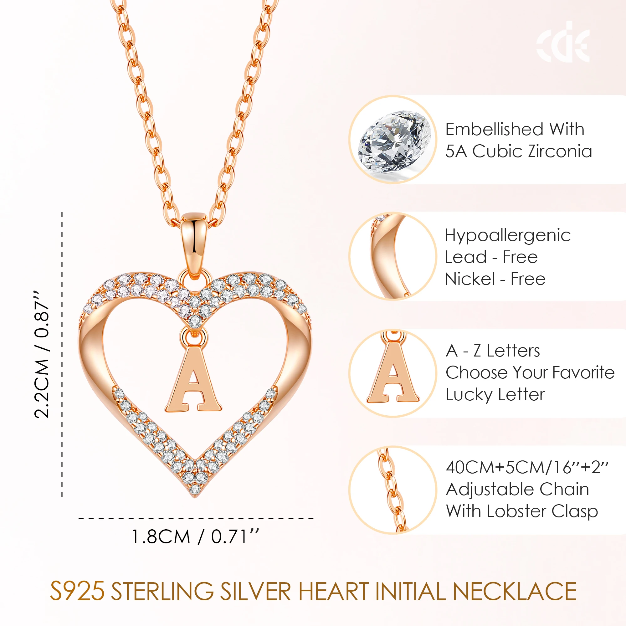 Cde Sterling Silver 925 Jewellery 18K Gold Plated Letter Initial Heart Pendant Necklace