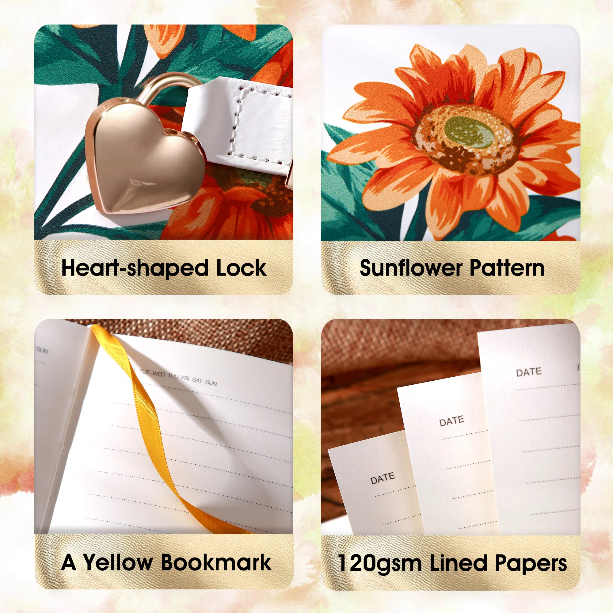 wholesale custom design a5 self care diary for girls sunflower notebook key heart shaped lock leather notebook
