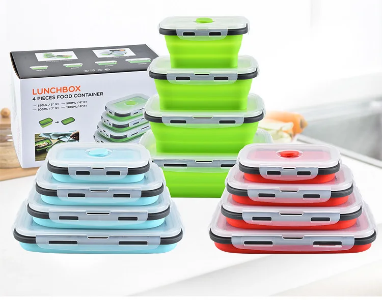 
Set of 4 rectangular silicone collapsible lunch box food container 