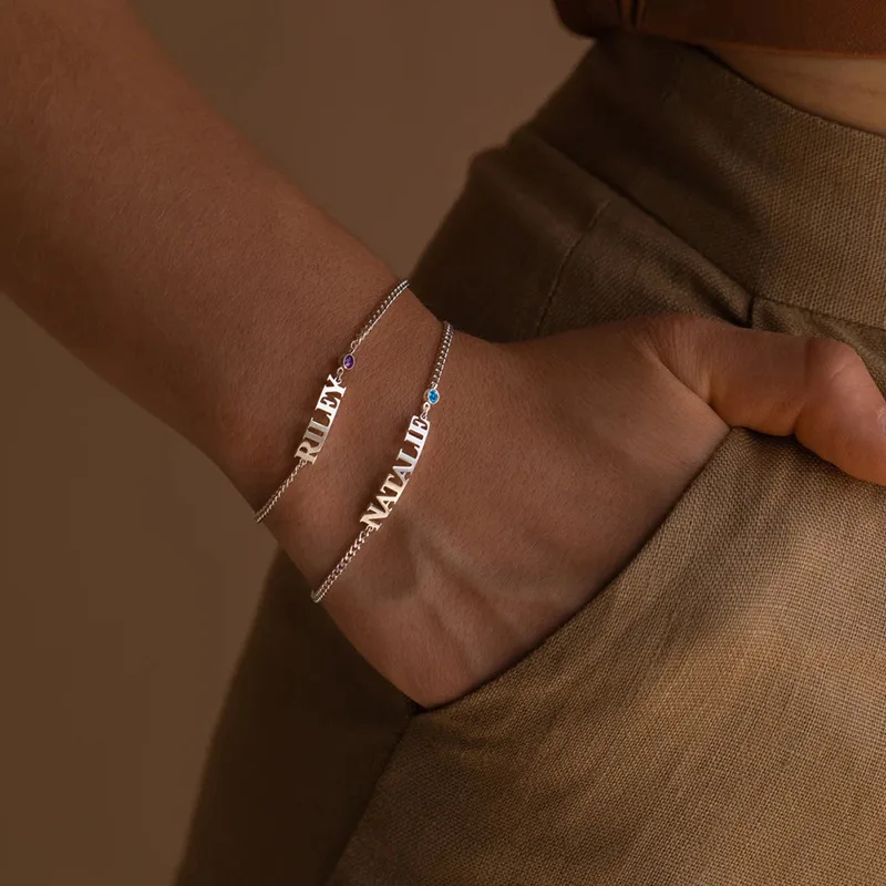 IVANDA  14K  Personalized Gold Letter Name Cuba Chain Bracelet Gold Stainless Steel Custom Name With Birthstone