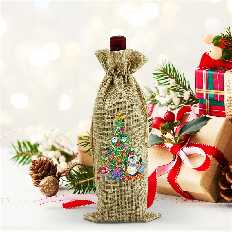 Drawstring bundle mouth waterproof linen wine package bag Christmas gift DIY diamond painting Red wine bags