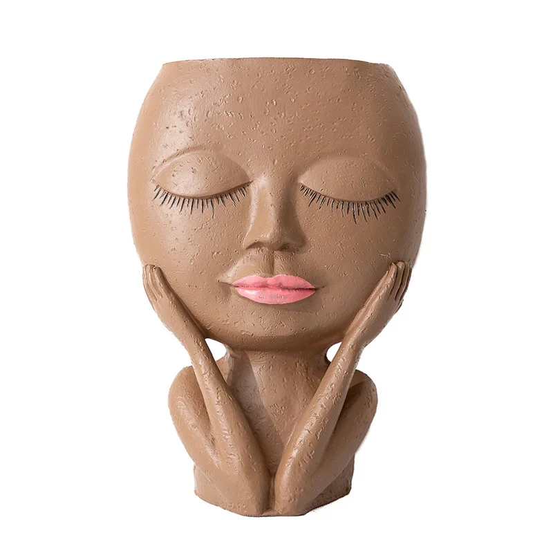 Home garden decor modern cute resin face flower pot planter pot with drainage hole closed eyes girl face vase