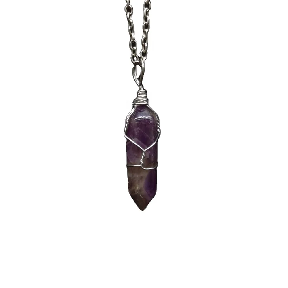 Natural Prism Stone Amethyst Pendant Necklace Adjustable Hexagonal Crystal Pointed Wire Wrapped Healing Necklace