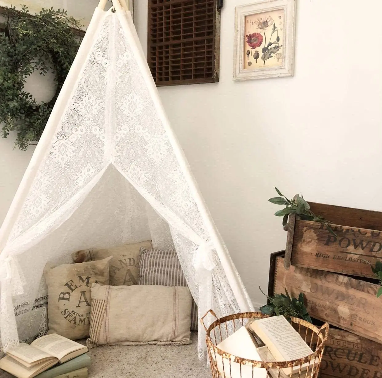 Kids Teepee Tent Lace Toy Tent Indoor&Outdoor Children Playhouse Luxury Lace Tent for Wedding Party Photo Prop Lace Canopy