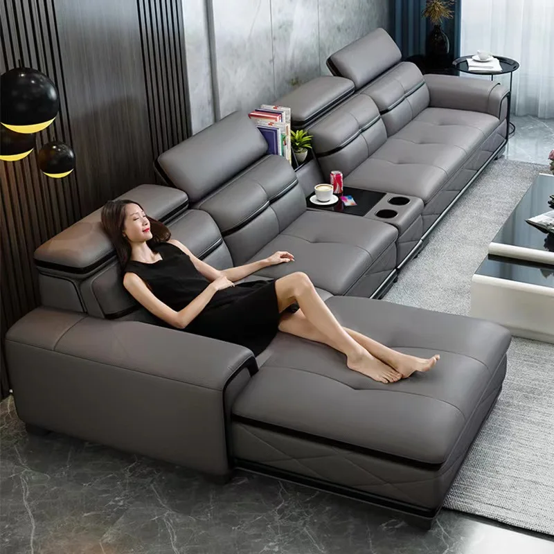 L shaped European customize Multi functional Living Room Furniture 6 7 Seats Wooden Modern Charger Leather Smart Audio Sofa Sets