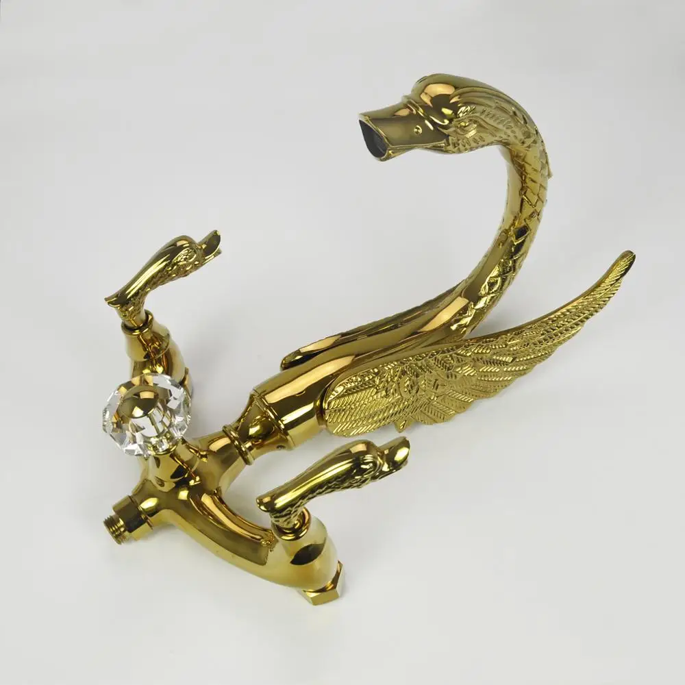 Single-Handle Modern Golden Swan Freestanding Bath Shower Faucet Brass Ceramic Mixer Taps with Rain Spray Pattern for Hotels