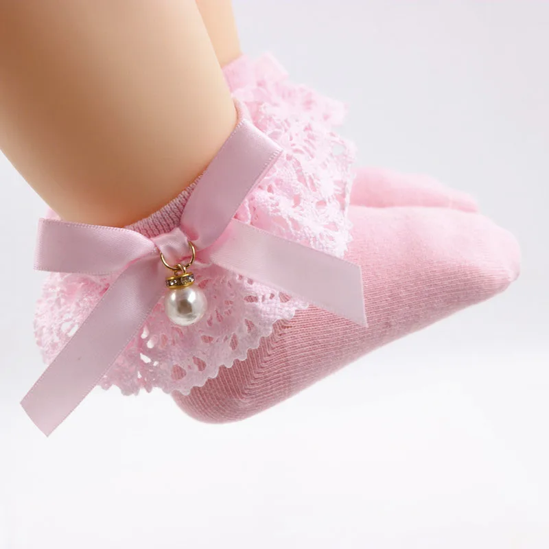 baby girls combed cotton ruffle frill lace ankle cute socks with pearls