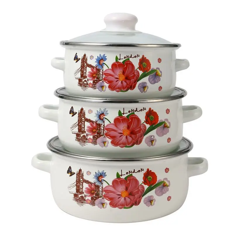 Wholesale customized three-piece set 16-20cm enamel cooking noodles pot enamel stew pot sets