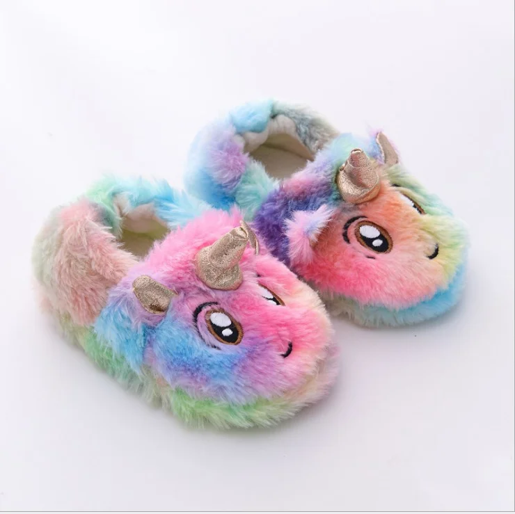 Winter Unicorn Slippers Kids Toddler Girl Flip Flop Baby Boys Fur Slides Cotton Indoor Shoes Warm Fluffy House Children Slipper