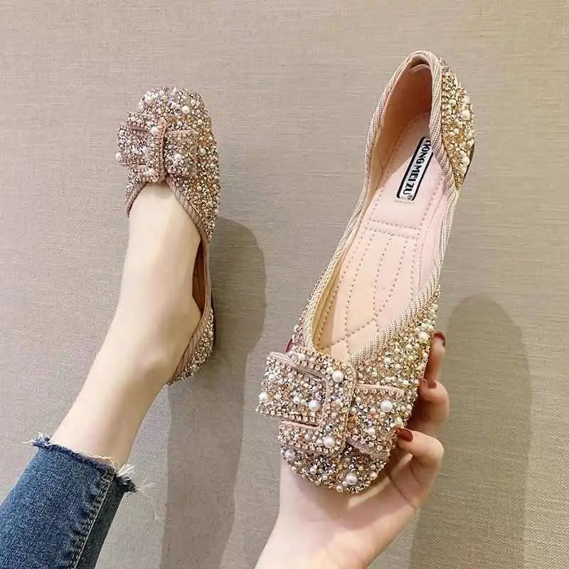 Single Shoes Spring And Summer New Rhinestone Pearl Shallow Mouth Flat Single Shoes Soft Sole Peas Women Shoes