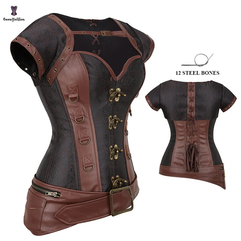 Steam Punk Costumes Women Clothes 12 Stainless Steel Boned Korsett Pirate Style Brown Bustier Corset Top Woman With G String