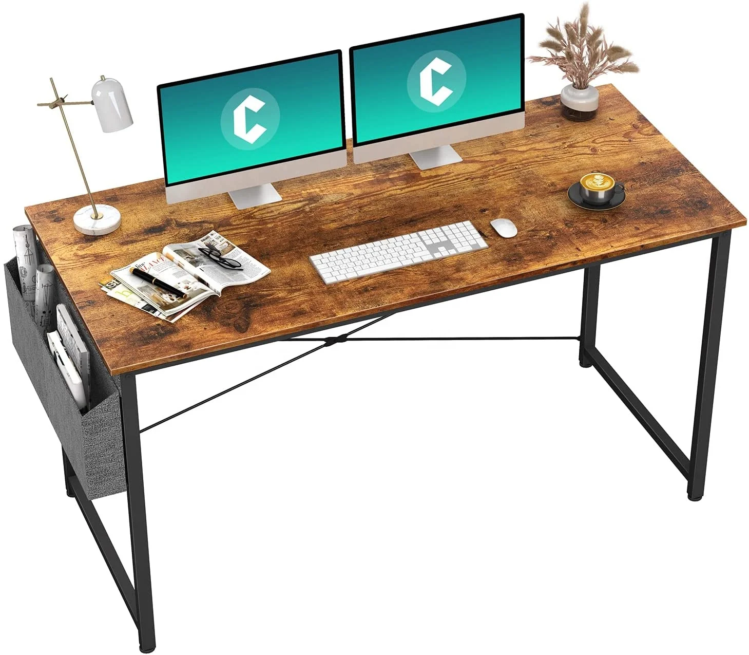 Computer Desk 55 inch Home Office Writing Study Desk, Modern Simple Style Laptop Table with Storage Bag, Brown