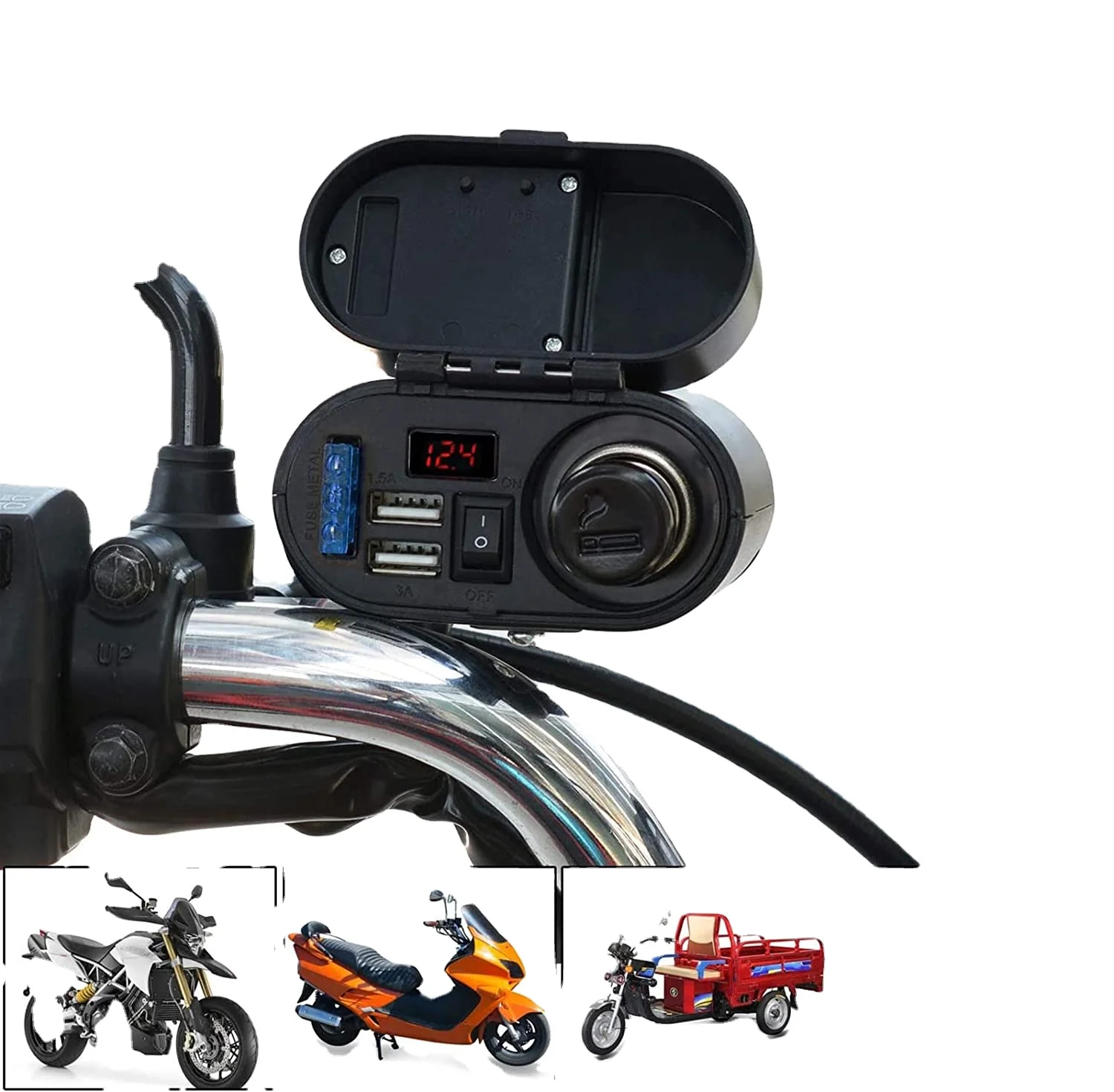 Waterproof Motorcycle Dual USB Phone GPS Charger Adapter W/Cigarette Lighter Socket