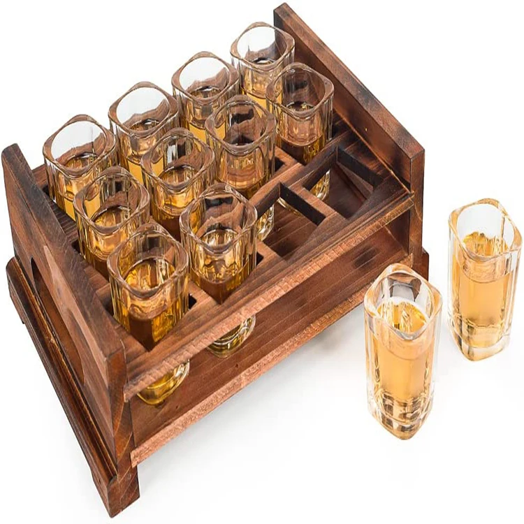 12 Shot Glass Server Square Shot Glasses Set with Rustic Burnt Wood Serving Tray Crystal Shot flight tasting board