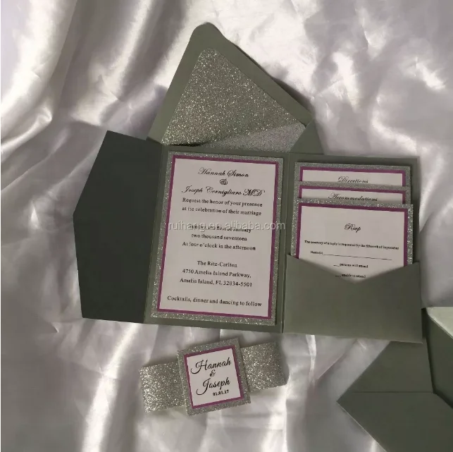 Серые карманные складные приглашения с розовым красным краем карманные свадебные пригласительные принадлежности