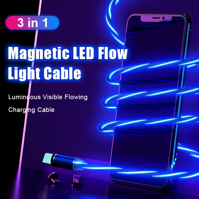 Amazon top seller LED RGB colors glow flowing light magnetic 3 in 1 phone charging cable