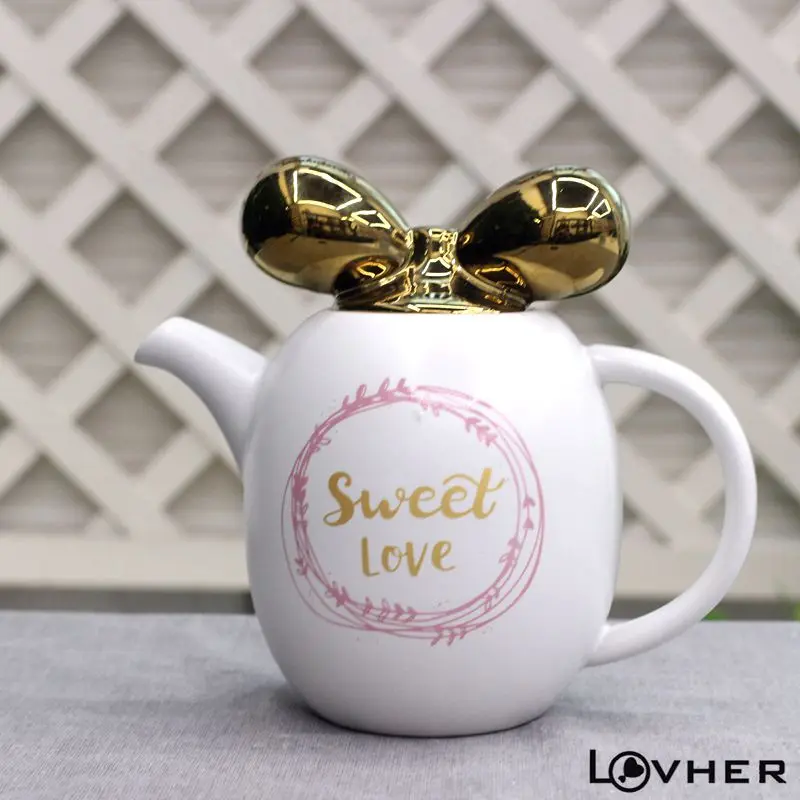 Big Quantity Porcelain cute color glazed gold silver lid tea pot set with tea cup and ceramic tray for Home Kids Office Restaura