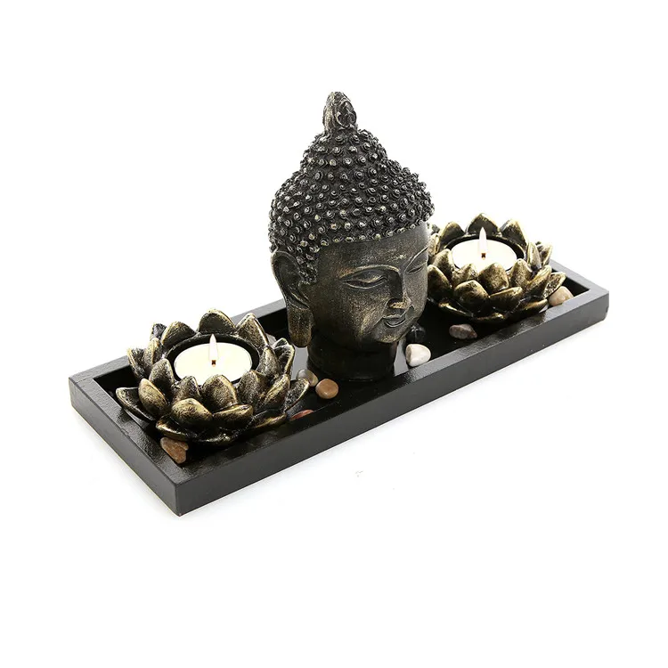 Buddha Head Sculpture Zen Garden Set  Lotus Tealight Candle Holders