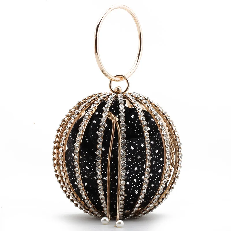 
Metal Cage Bags Hollow Ball Shape Clutch Purse Diamond Wristlet Banquet Party Handbag 