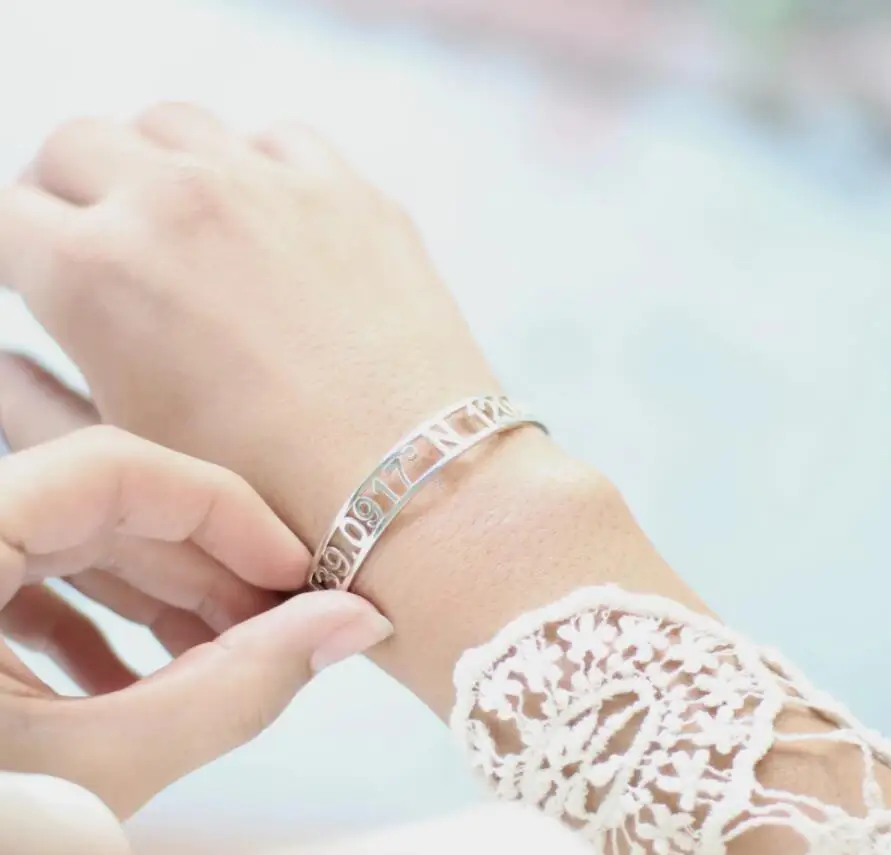 Cutout Coordinate Bracelet Custom Location Coordinates Cuff Bracelet Personalized Message Bangle Anniversary Gift Wedding Gift