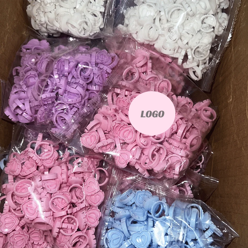 Wholesale heart shaped glue rings tools for eyelash extensions 100pcs/pack plastic disposable lash eyelash glue holder rings