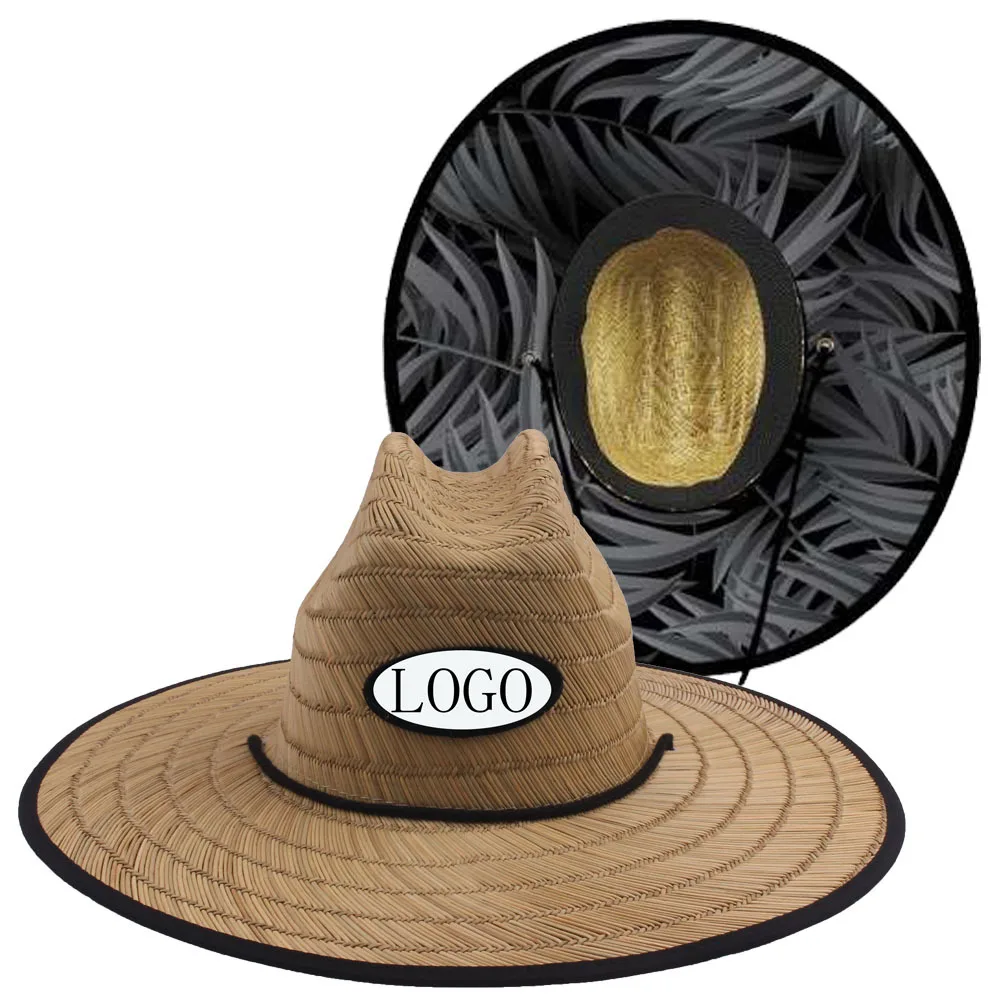 Custom Bottom Print Panama Straw Hats Summer Large Brim Surf Beach Hat Outdoor Wide Brim Sun Lifeguard Straw Hat With Patch Logo