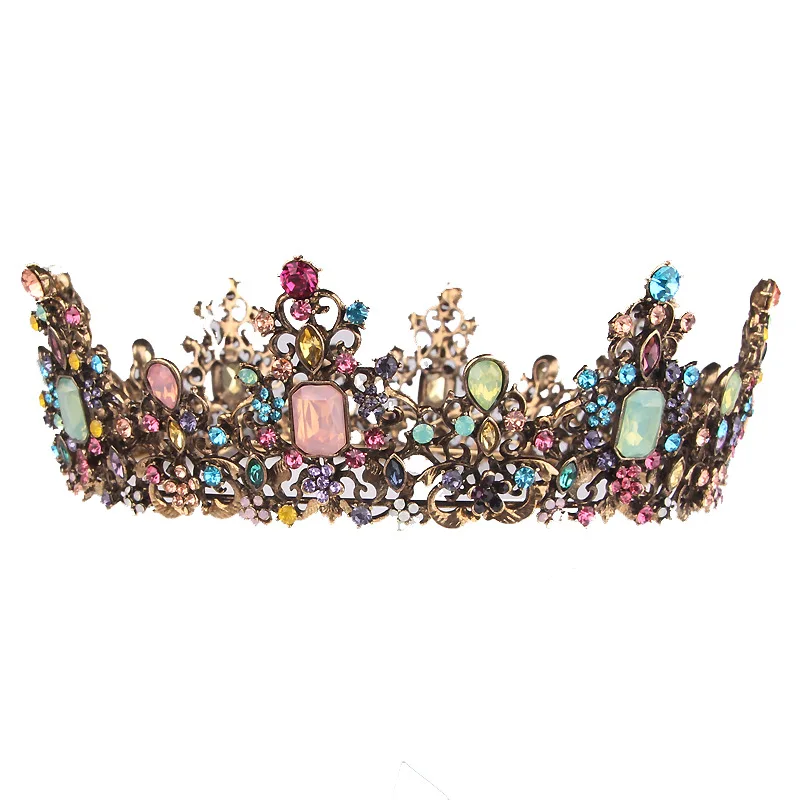 Big alloy crown retro gold inlaid colorful diamond princess crown hair accessories hot sale headwear