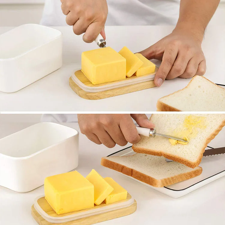 650ml Nordic Triangle Butter Box With Knife Lid Ceramic Container Cheese Food Tray Flat Dish
