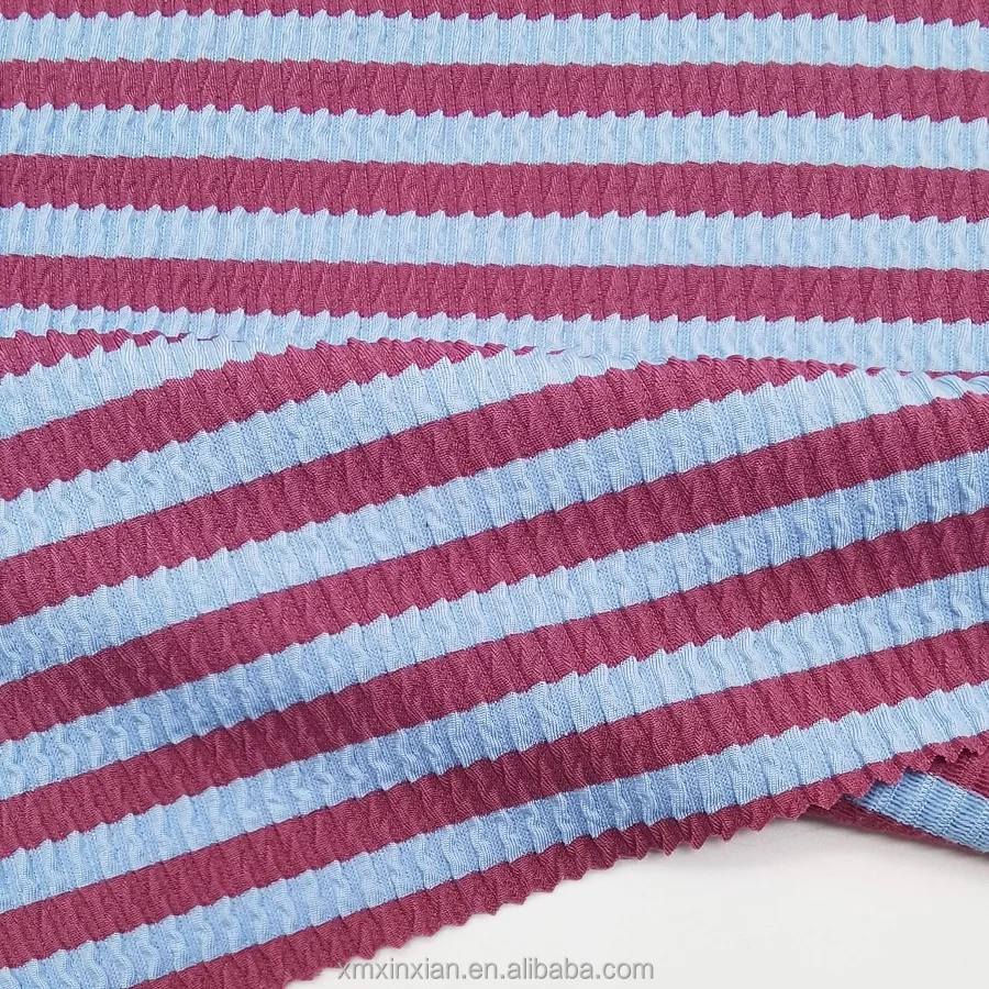 New Stripe colored Recycled crinkle swimwear seersucker knit thick stretchy swim fabric crinkle for bikini swimsuit