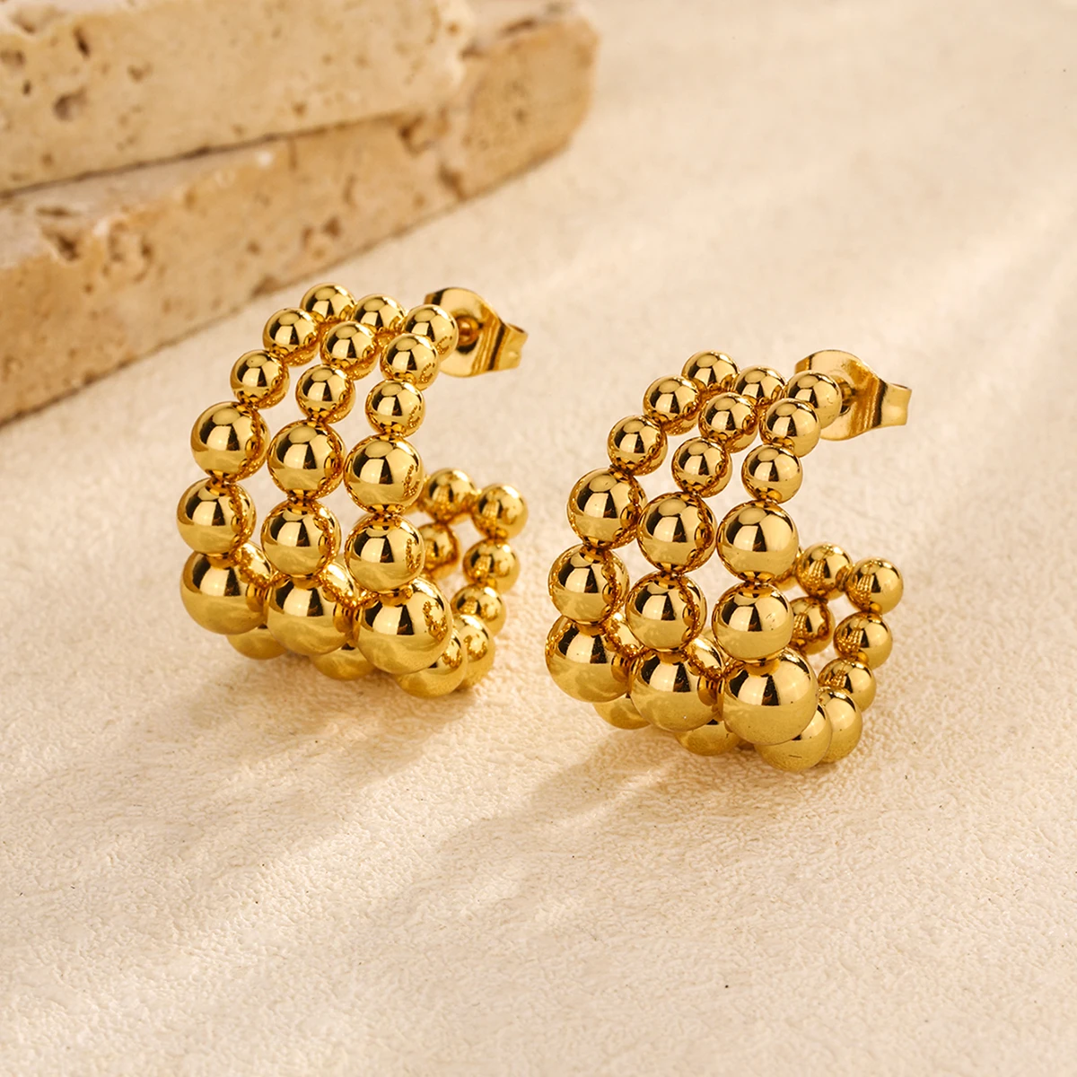 Hot Sales Wholesale C-type Semi-round Three-layer Steel Ball Splicing Stainless Steel Plated Gold Earrings