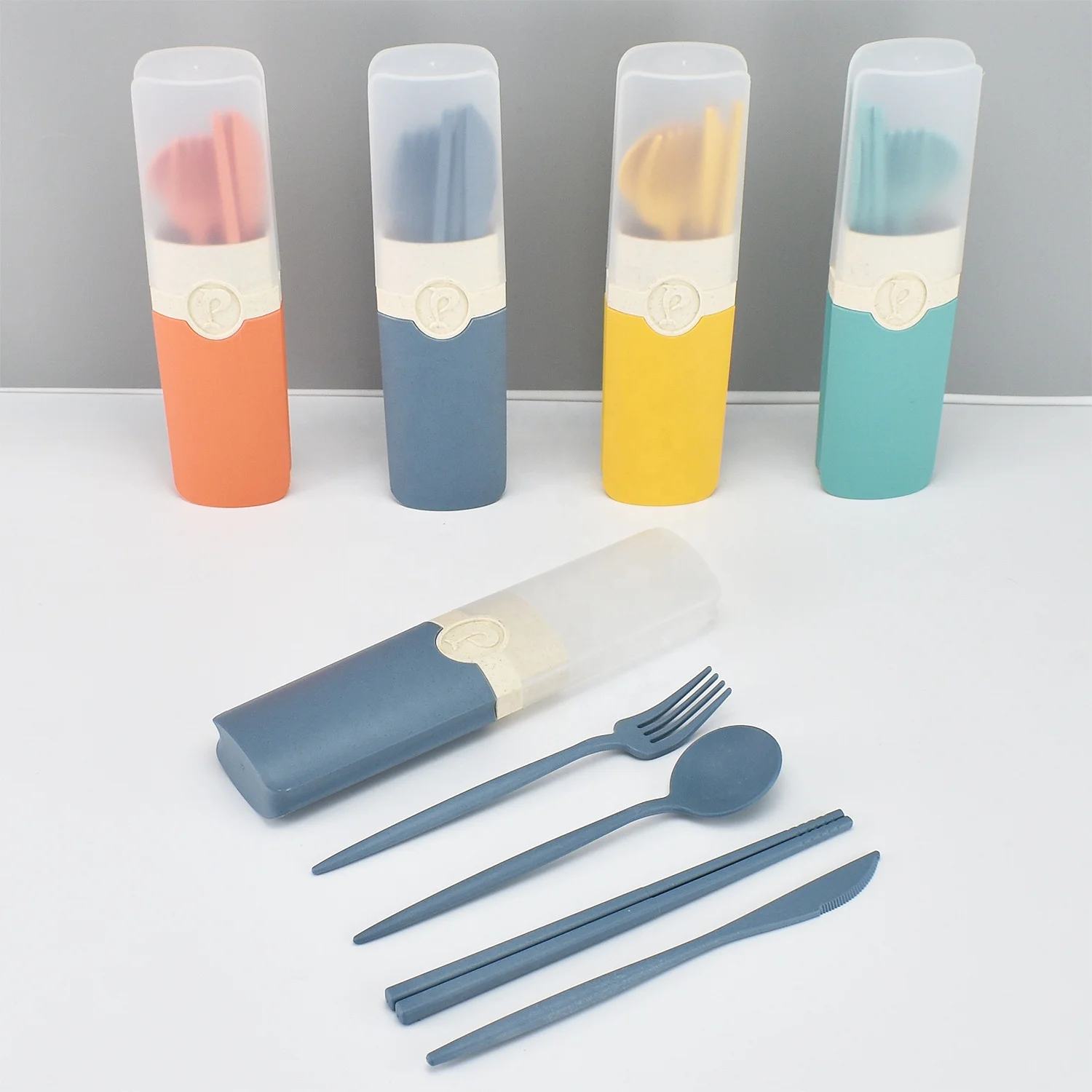 Portable Travel Korean 5pc Color Handle Spoon Fork Knife Set Chopsticks Cutlery Dinnerware Set With Picnic Case