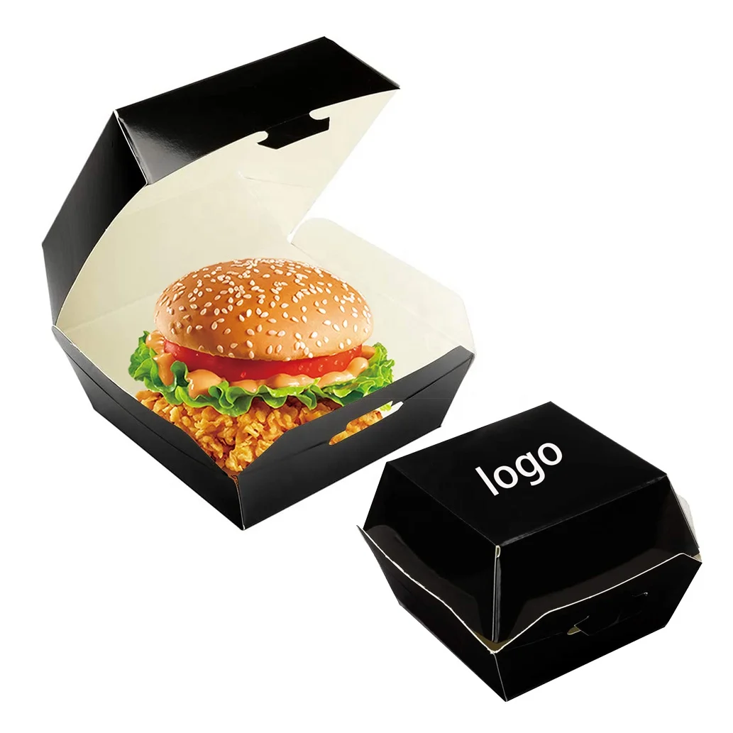 Custom brown black white Cardboard Papercorrugated Papier Clamshell Hamburger Fries delivery food Grade paper box packaging