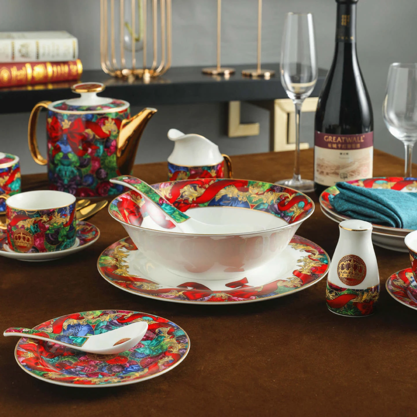 Red christmas bone china 61pcs dinnerware set holiday gift set porcelain tableware dinner set