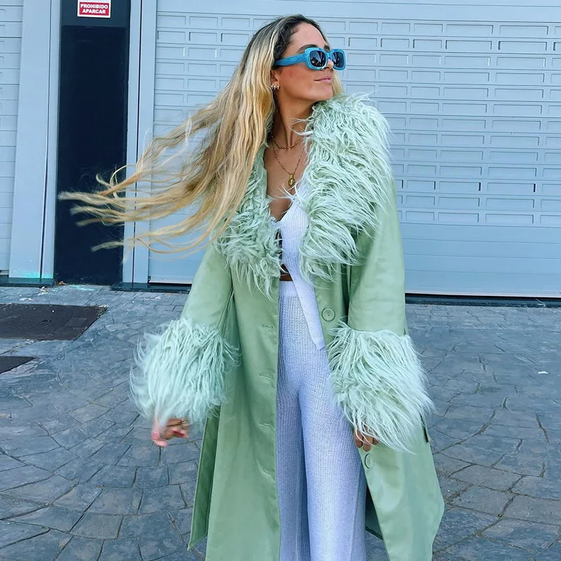 Plush PU Patchwork Trench Women Fall Winter Warm Casual Coat With Belt Lady Girl Elegant Jacket