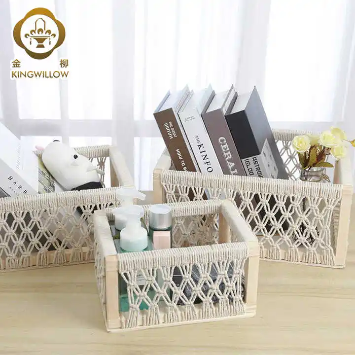 Factory  hot selling rectangular handmade wooden storage box wood sundries basket with cotton rope design customized  wholesale