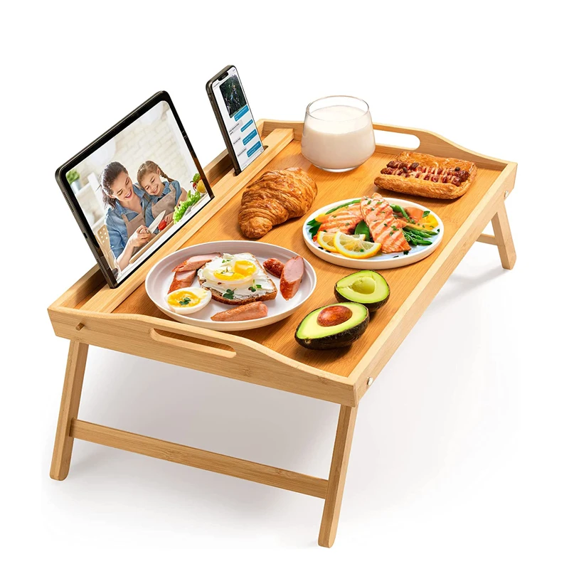 Multi-Functional Bamboo Bed Tray Table Bamboo Serving Tray with Folding Legs and Ipad Phone Slots