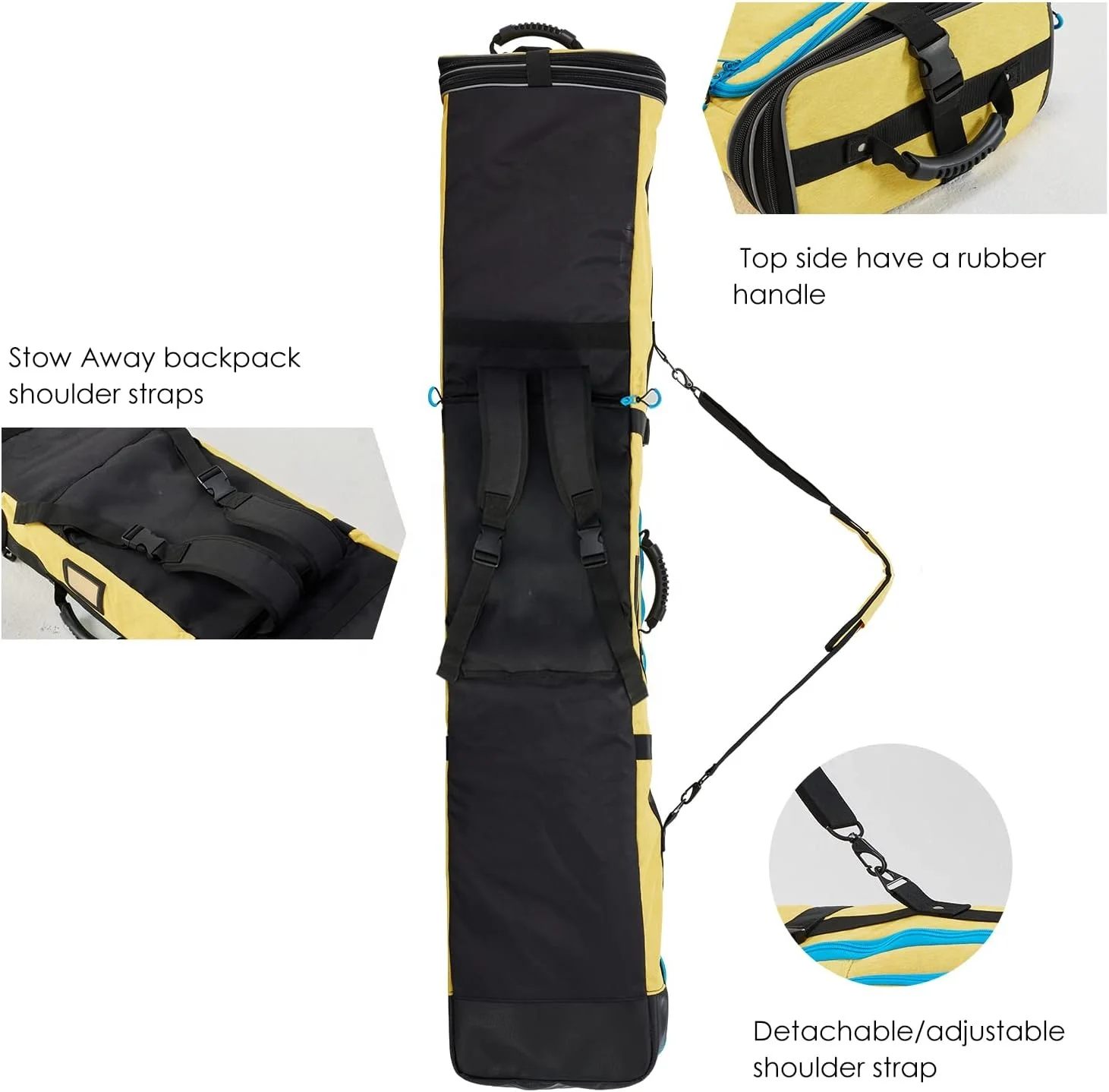 Polyester 190cm Custom Waterproof Travel Ski Gear Boot Bag Backpack Roller Padded Snowboard Bag for Air Travel